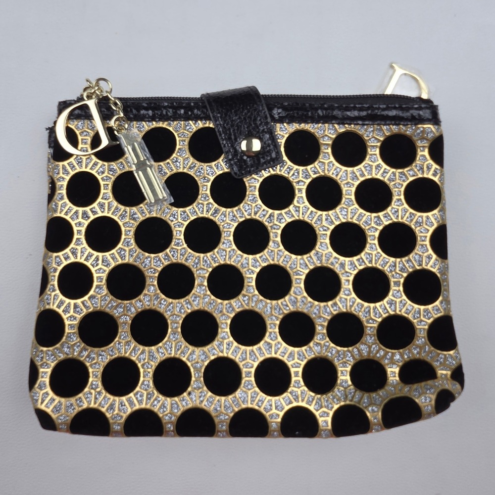 Dior Small Cosmetic Bag w/Charms Black Gold Velvet Polka Dot Makeup Pouch